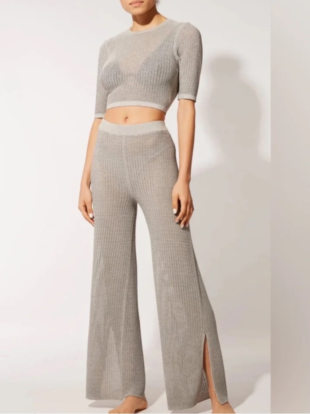 SOLID & STRIPED: Silver Wide-Leg stretch knit loose Logan cover up set